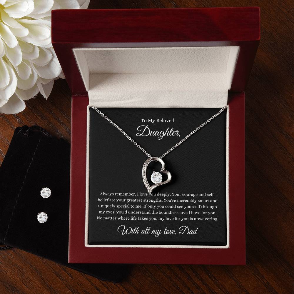 Forever Love Necklace and Cubic Zirconia Earring Set To My Beloved Daughter, With all my love, Dad